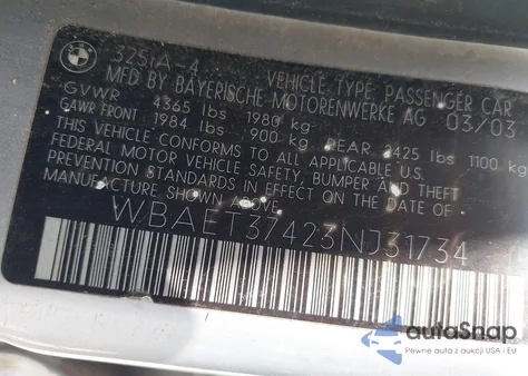 2003 BMW 325I from USA, damaged, VIN WBAET37423NJ31734